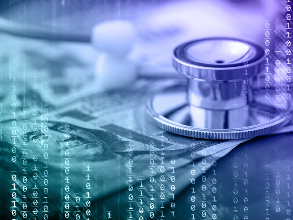 Abstract technology background with binary code, US dollars and a stethoscope. Can be used as a concept of internet paid medicine, digital financial security, etc.